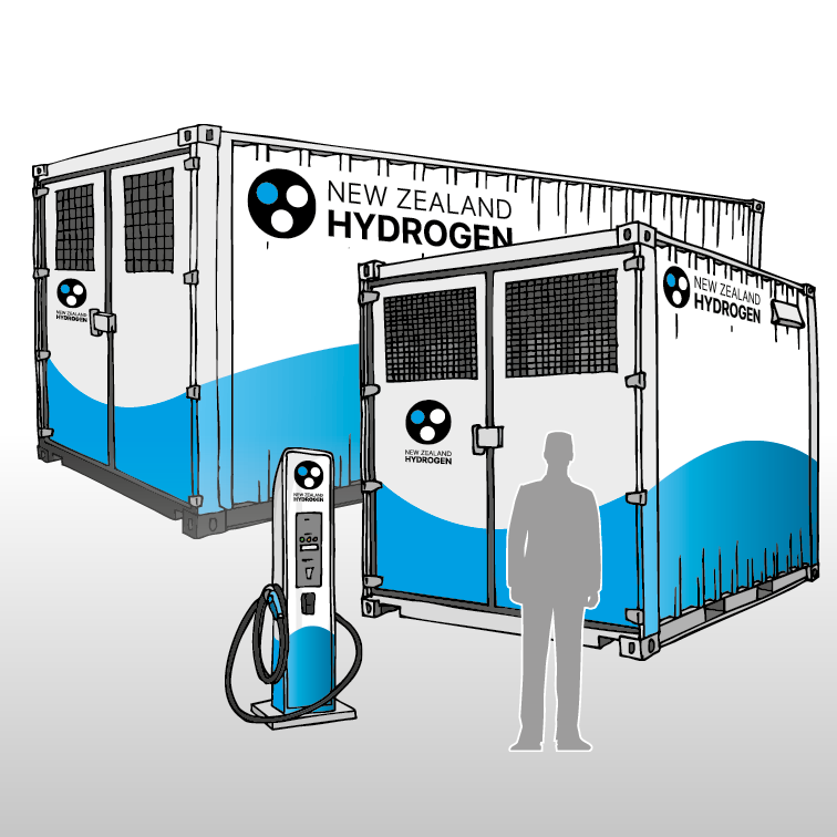 Hydrogen vehicle refuelling systems in two sizes with a dispenser and person for scale