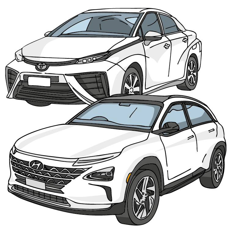 Illustration including a Hyundai NEXO fuel cell SUV